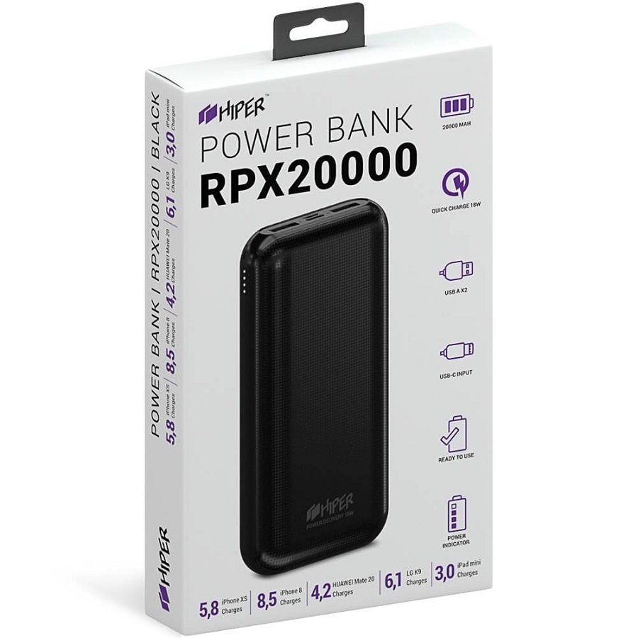 Универсальный аккумулятор RPX20000, QC3.0, PD, TYPE C, емкость 20000 мАч, черный 