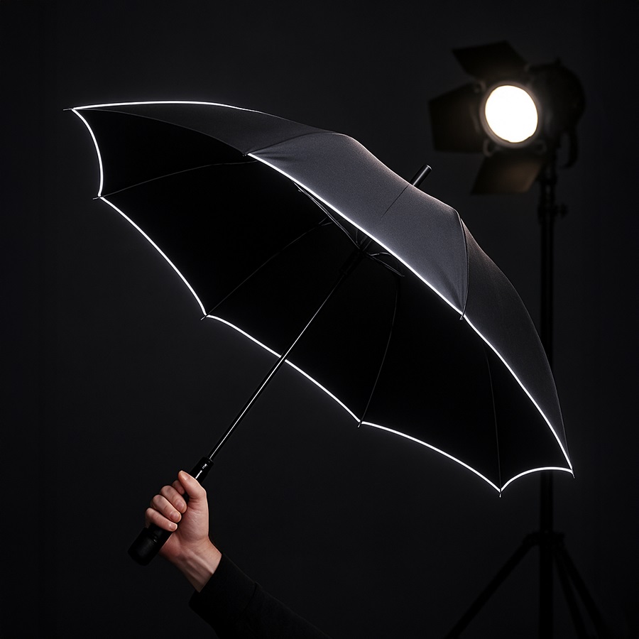 Зонт-трость "Reflect", полуавтомат, эпонж, чёрный со светоотражающей окантовкой в чехле с ручкой