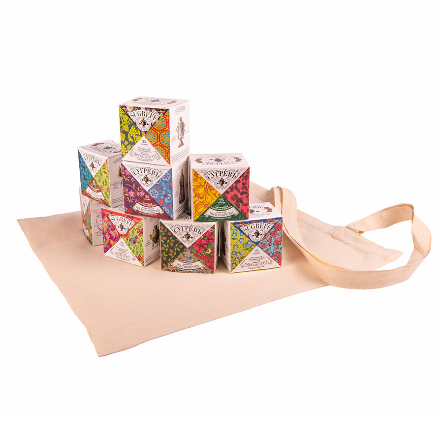 Коллекция подарочная из 8  чаёв СУГРЕВЪ в сумке из хлопка