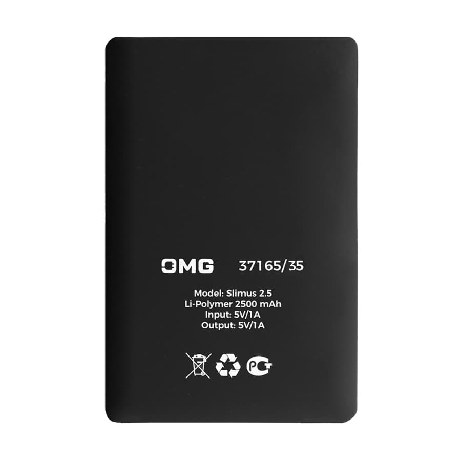 Универсальный аккумулятор Slimus 2.5 (2500 мАч), черный, 9,6х6.2х0,66 см