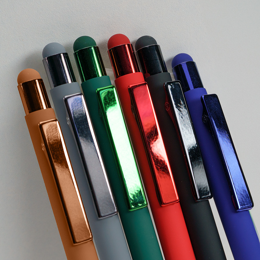 Ручка шариковая FACTOR COLOR со стилусом, серый, металл, пластик, софт-покрытие