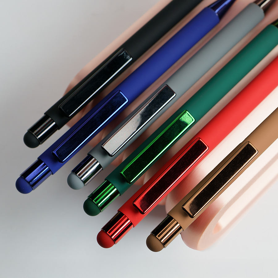 Ручка шариковая FACTOR COLOR со стилусом, серый, металл, пластик, софт-покрытие