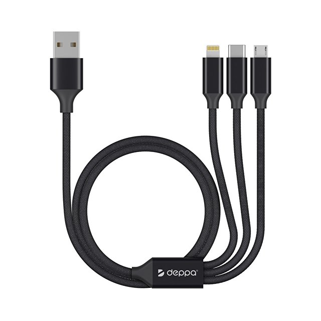 Дата-кабель 3 в 1: micro USB, USB-C, Ligthning, алюминий, 1.2м
