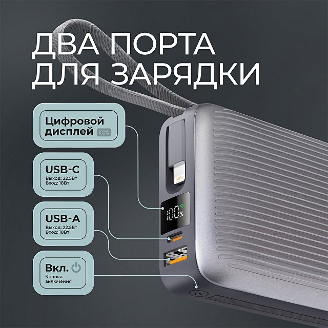 Внешний АКБ NRG Turbo Cable 20000 mAh, 22,5Вт