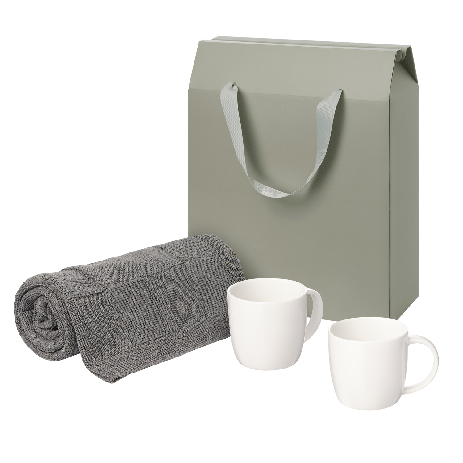 Подарочный набор Дафна (Dafna), Селла (Cella), серый в коробке-пакете (две фарфоровых кружки, плед)