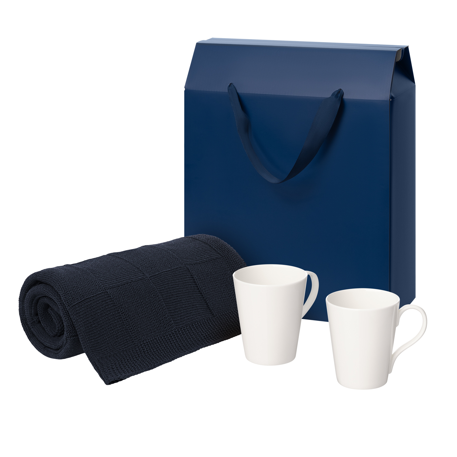 Подарочный набор Веста (Vesta), Селла (Cella), синий в коробке-пакете (две фарфоровых кружки, плед)