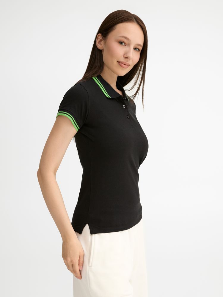 Рубашка поло женская Pasadena Women 200 с контрастной отделкой, черный/зеленый, размер M