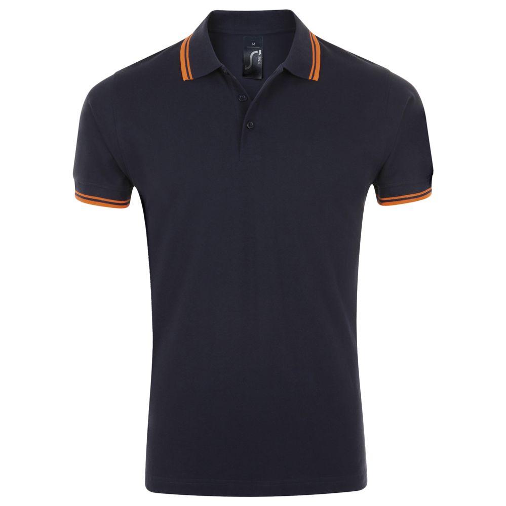 Рубашка поло мужская Pasadena Men 200 с контрастной отделкой, темно-синяя (navy) с неоново-оранжевым, размер S