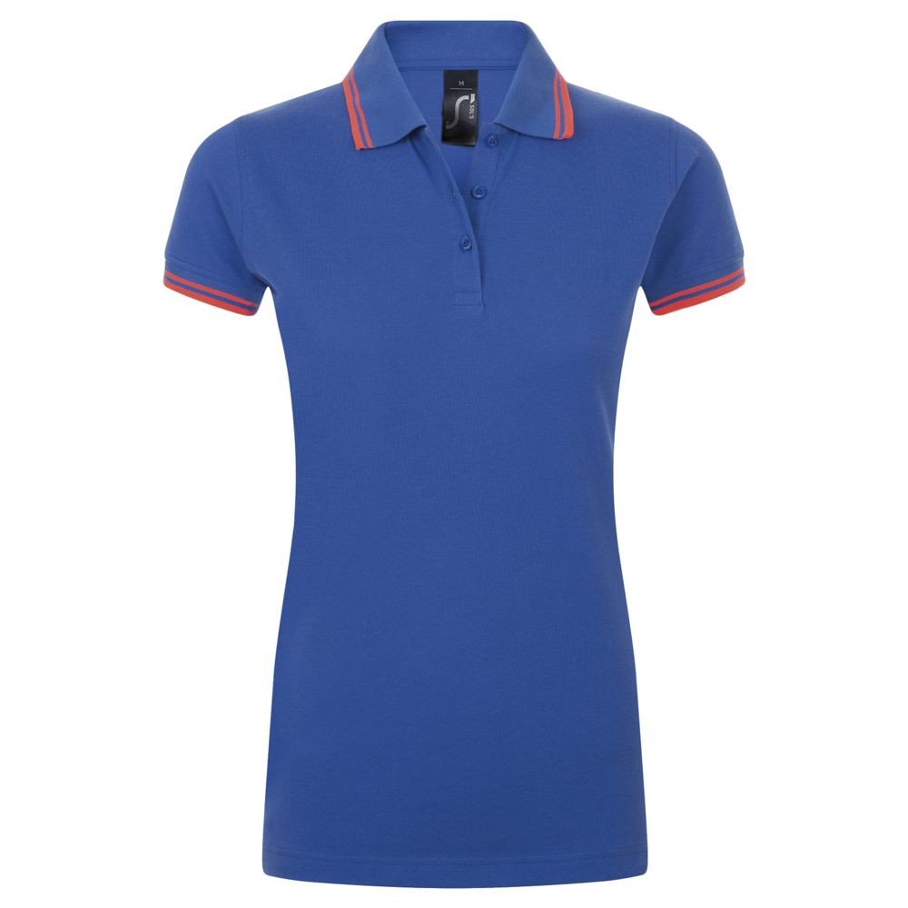 Рубашка поло женская Pasadena Women 200 с контрастной отделкой, ярко-синяя (royal) с неоново-розовым, размер M