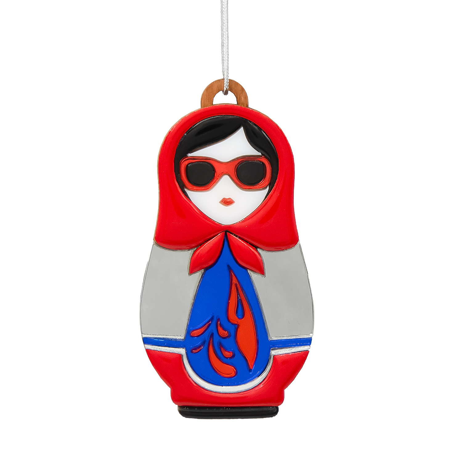 Ёлочная игрушка Матрёшка с узорами (красный с синим)