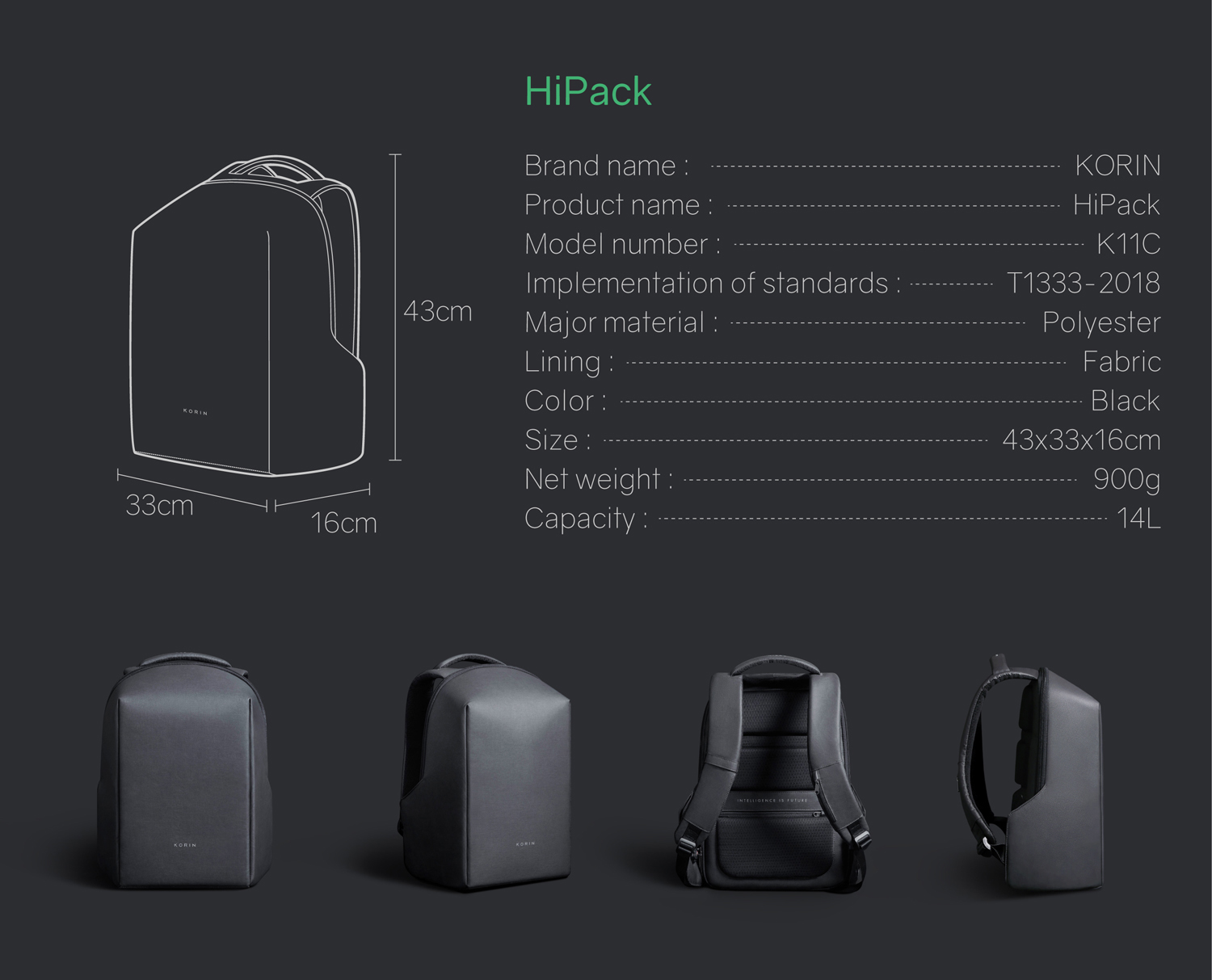 Рюкзак KORIN HiPack 43х33х16 см, черный