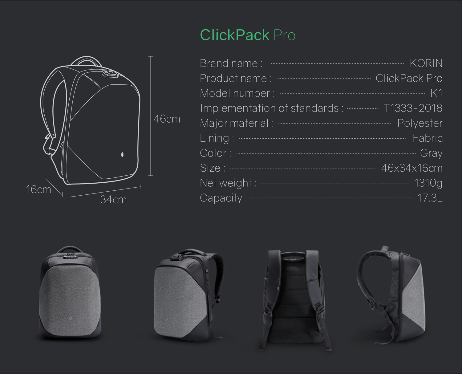 Рюкзак KORIN ClickPack Pro 46х34х16 см, комбинированный черный/серый
